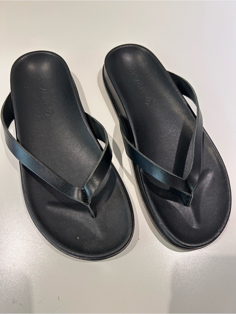 St. Agni Black Leather Flip Flop Sandals